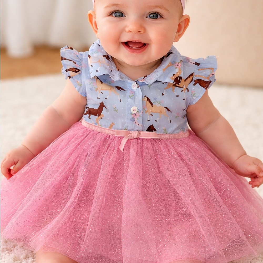 Goodlad Pink Tulle Baby Dress with Horse Print
